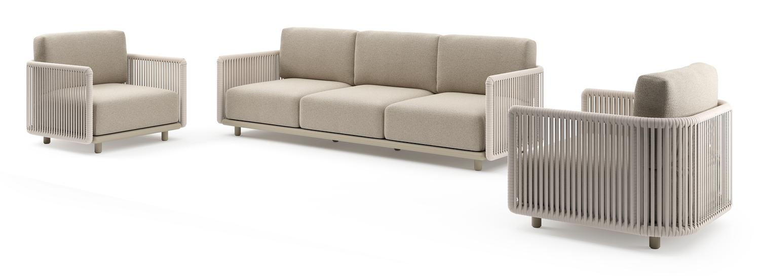 Organo loungeset in beige aluminium en beige verticaal geweven luxe vlakke rope met marbella beige All Weather Cosytica kussens