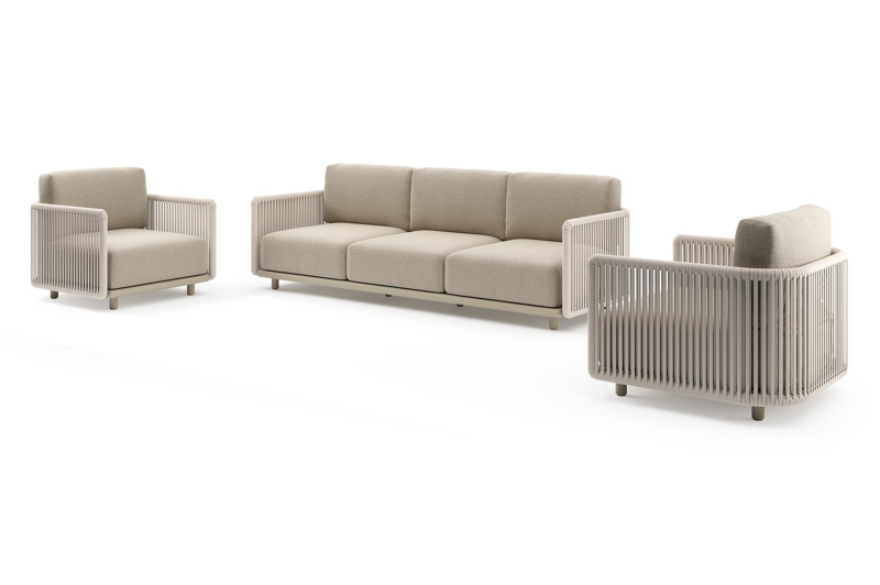 Organo loungeset in beige aluminium en beige verticaal geweven luxe vlakke rope met marbella beige All Weather Cosytica kussens