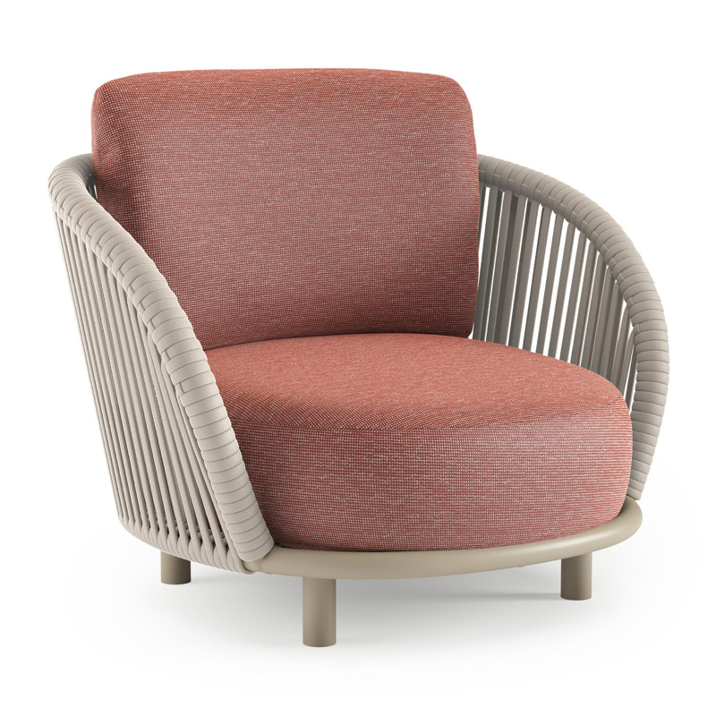 Lupino loungestoel in beige aluminium en beige verticaal geweven luxe vlakke brede rope met slow alezan all weather sunbrella® luxe kussen