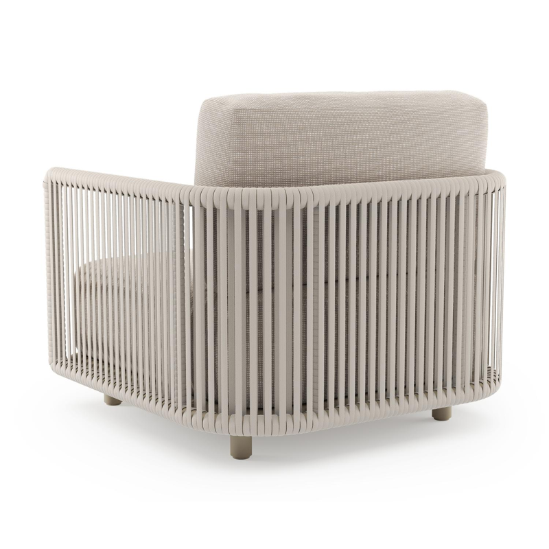 Fauteuil de jardin Organo en aluminium beige et corde luxe plate tissée verticalement beige et coussin en all weather Sunbrella® luxe slow farafra