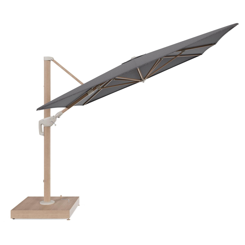 Minore zweefparasol met tiltfunctie in houtlook aluminium en Firenze Tunder All Weather Solica parasoldoek - L1 400 x L2 300 cm met parasolvoet Minore 260 kg met wielen