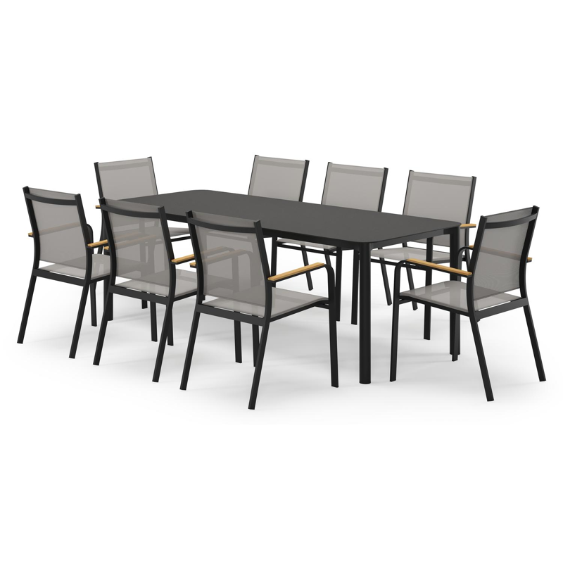 Mira rechthoekige afgeronde tuinset in zwart aluminium en sintered stone notte minerale met 8 Amalfi tuinstoelen