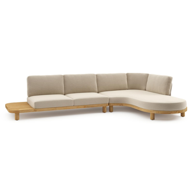 Donato loungehoek in teak en beige verticaal geweven ronde rope met all weather cosytica Althea Chalk kussen