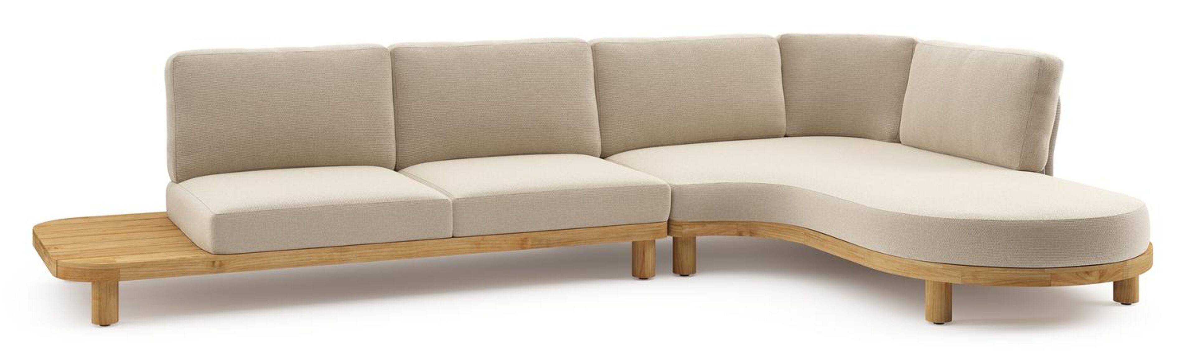 Salon de jardin d'angle Donato en teck et corde ronde tissée verticalement beige et coussins en all weather cosytica Althea Chalk