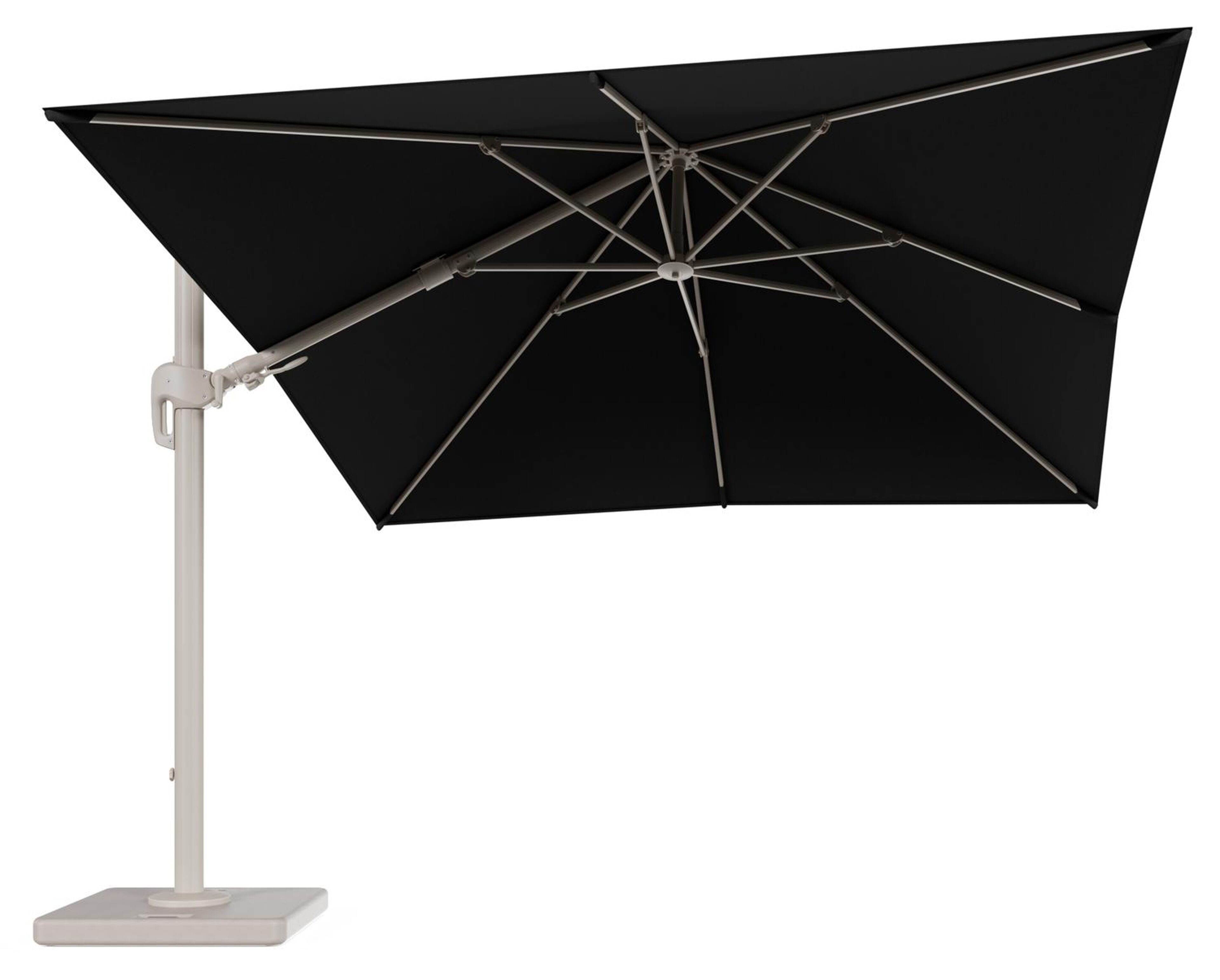 Rufina zweefparasol tiltfunctie in beige aluminium en parasoldoek in All Weather Sunbrella® Luxe Natte Sooty - L1 300 x L2 300 cm met parasolvoet Lapido 120 kg