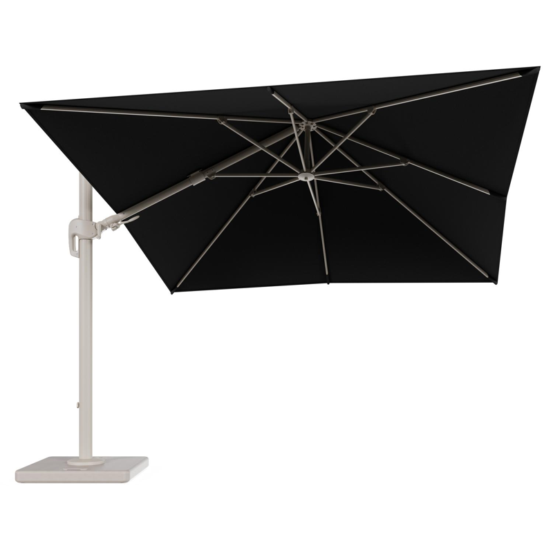 Rufina zweefparasol tiltfunctie in beige aluminium en parasoldoek in All Weather Sunbrella® Luxe Natte Sooty - L1 300 x L2 300 cm met parasolvoet Lapido 120 kg