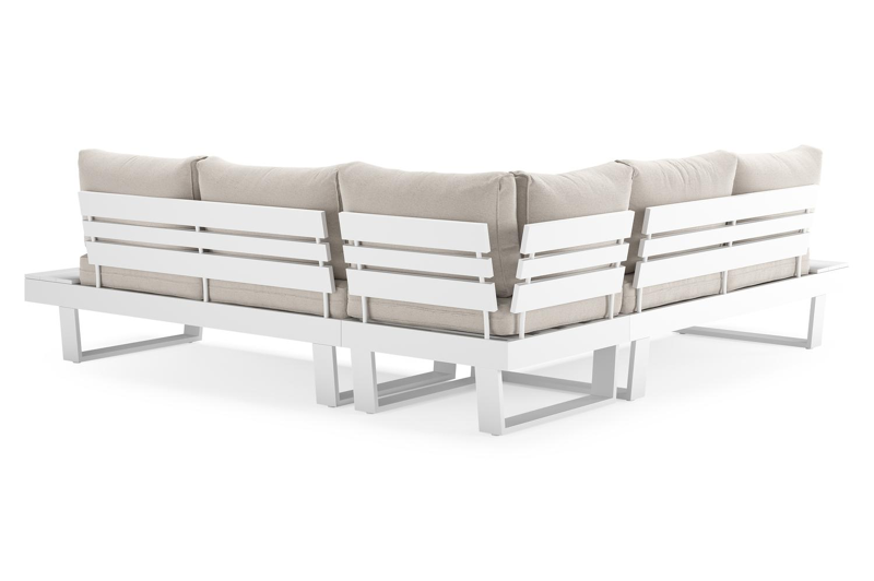 Alora loungehoek in wit aluminium met beige Weather+ Softtouch kussen en loungetafel
