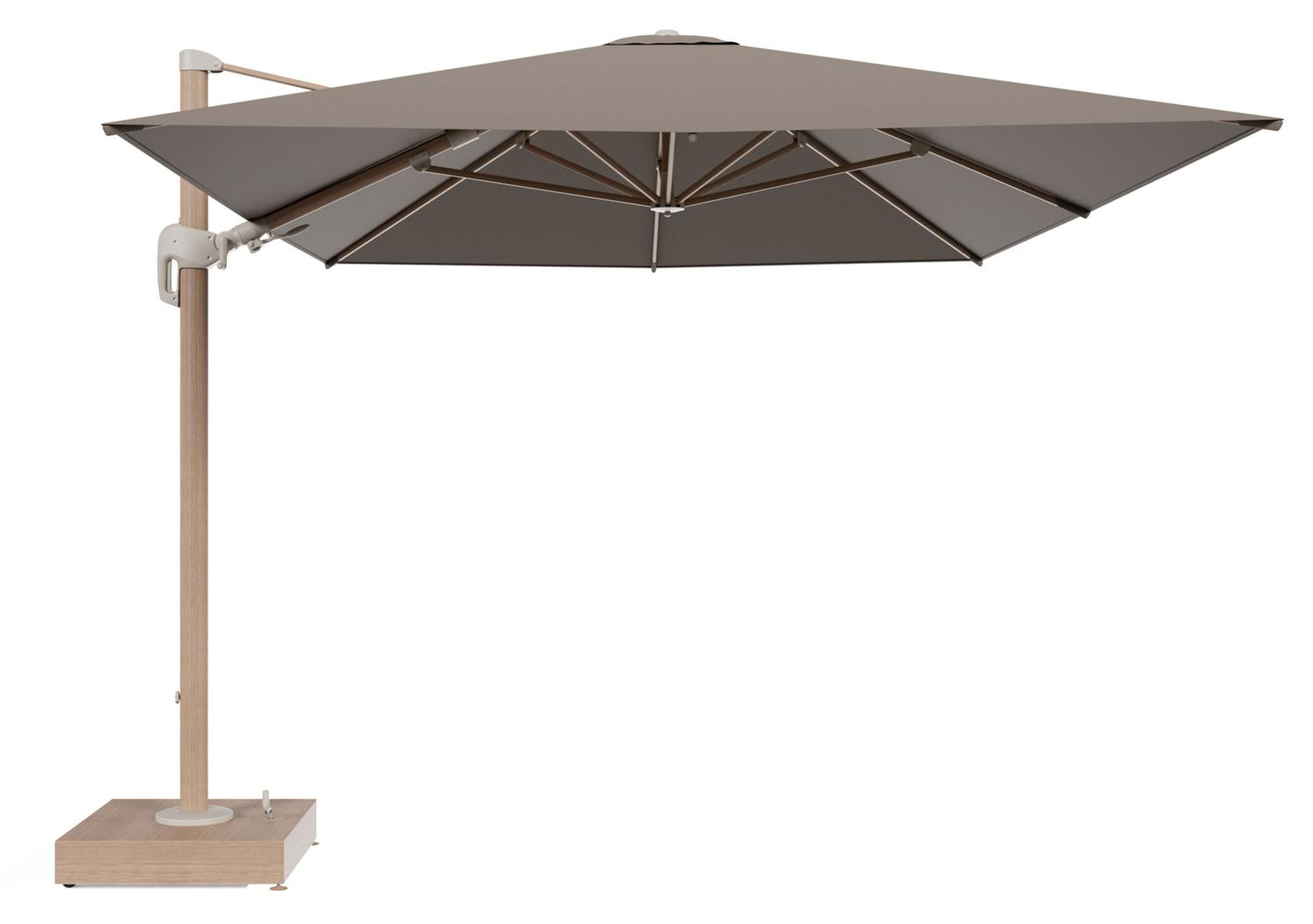 Rufina zweefparasol met tiltfunctie in houtlook aluminium en Natte Heather Grey All Weather Sunbrella® Luxe parasoldoek - L1 400 x L2 300 cm met parasolvoet Minore 150 kg met wielen