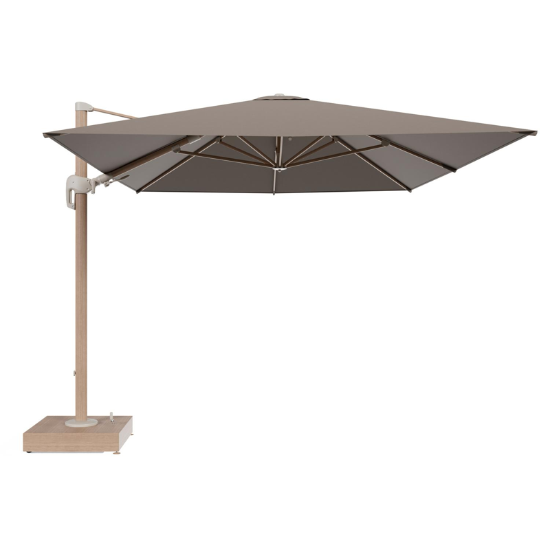 Rufina zweefparasol met tiltfunctie in houtlook aluminium en Natte Heather Grey All Weather Sunbrella® Luxe parasoldoek - L1 400 x L2 300 cm met parasolvoet Minore 150 kg met wielen