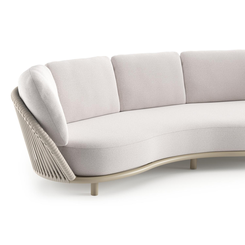 Lupino loungebank in beige aluminium en beige verticaal geweven luxe vlakke brede rope met ego eggshell all weather solica kussen