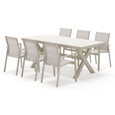 Bahia tuinset rechthoekig in beige aluminium en sintered stone beige met 6 Bahia tuinstoelen