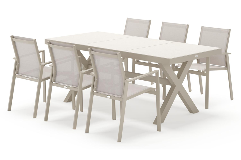 Bahia tuinset rechthoekig in beige aluminium en sintered stone beige met 6 Bahia tuinstoelen