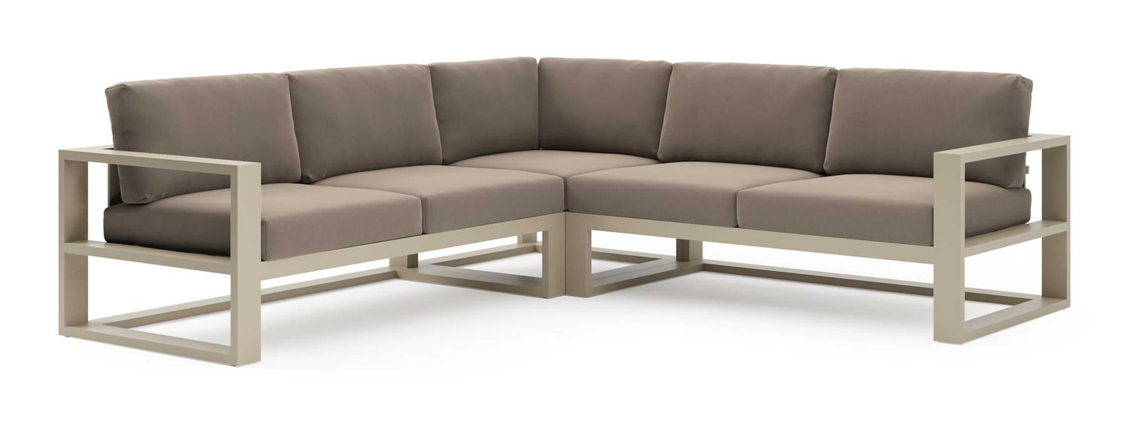 Verato loungehoek in beige aluminium met natte heather grey all weather sunbrella® luxe kussen