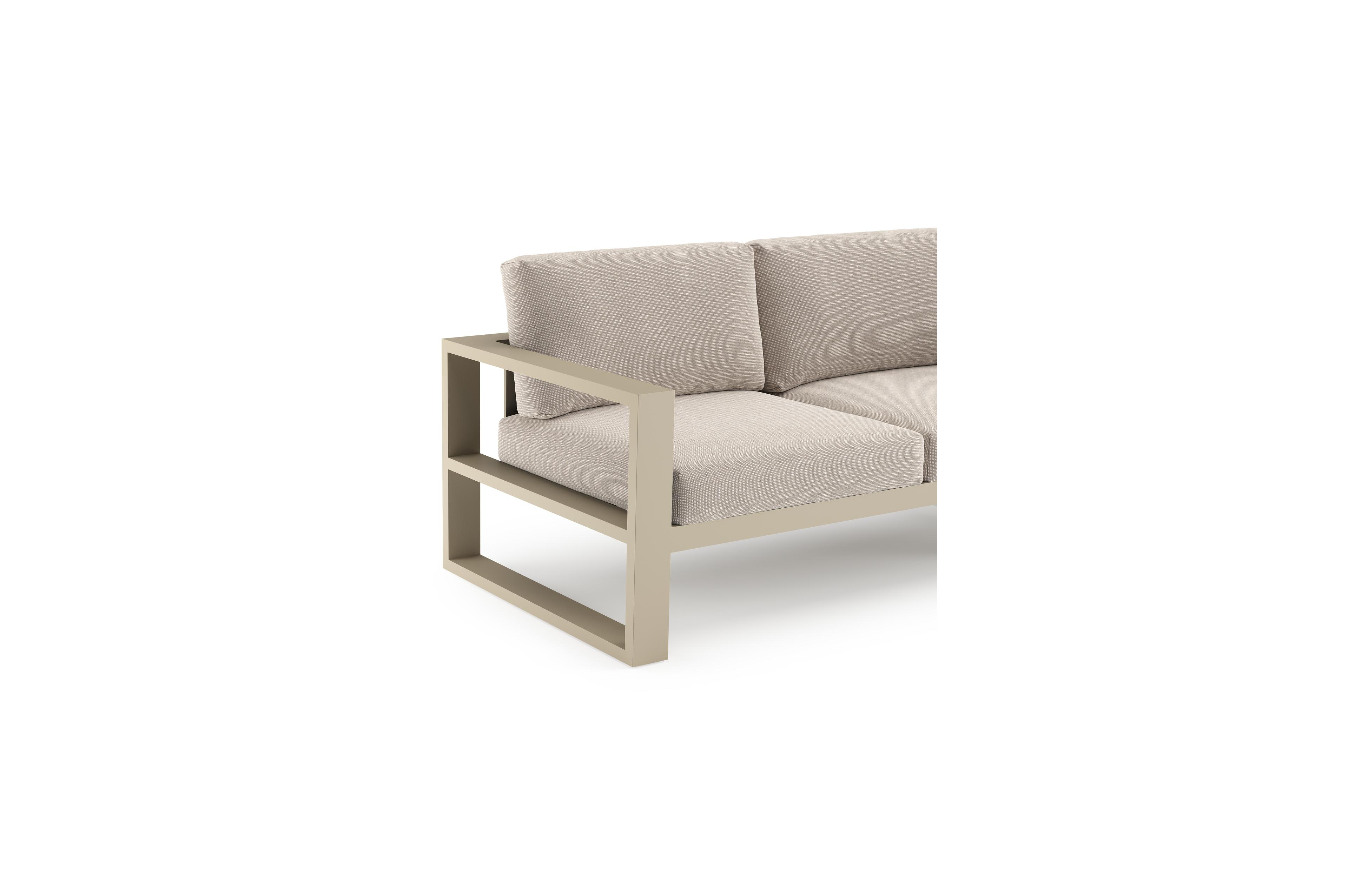 Verato loungehoek in beige aluminium met slow farafra all weather sunbrella® luxe kussen