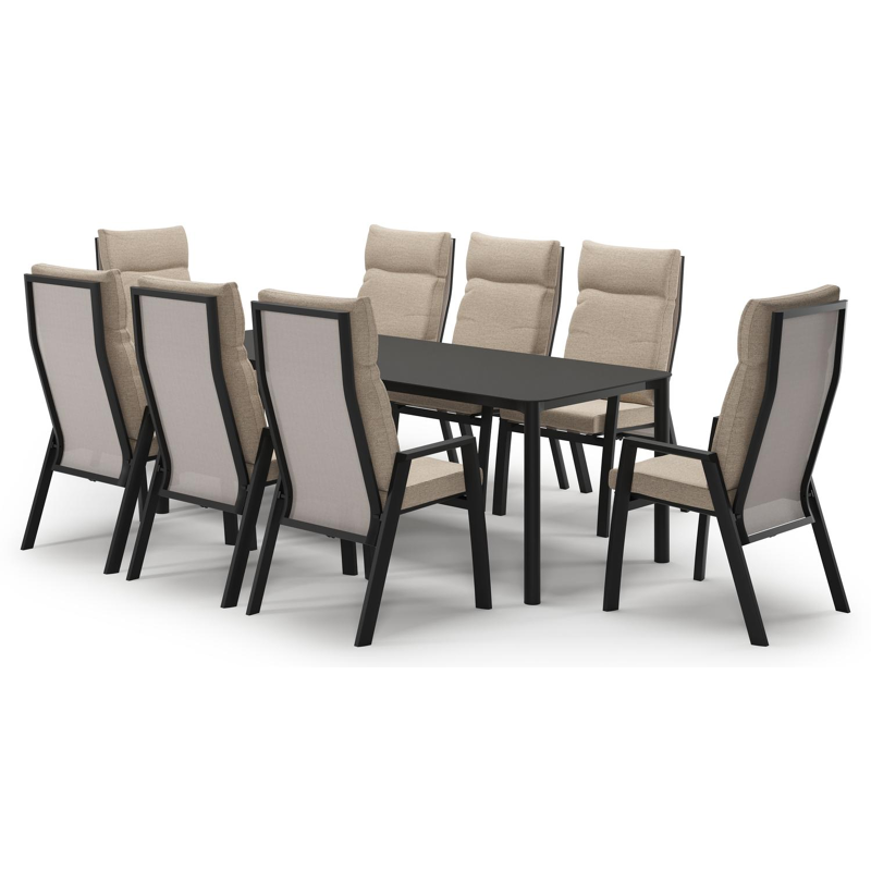 Mira tuinset in zwart aluminium en notte minerale sintered stone met 8 Leon tuinstoelen