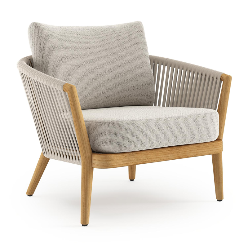 Orso loungestoel in teak en beige verticaal geweven luxe vlakke rope met Firenze Natural all weather solica kussen