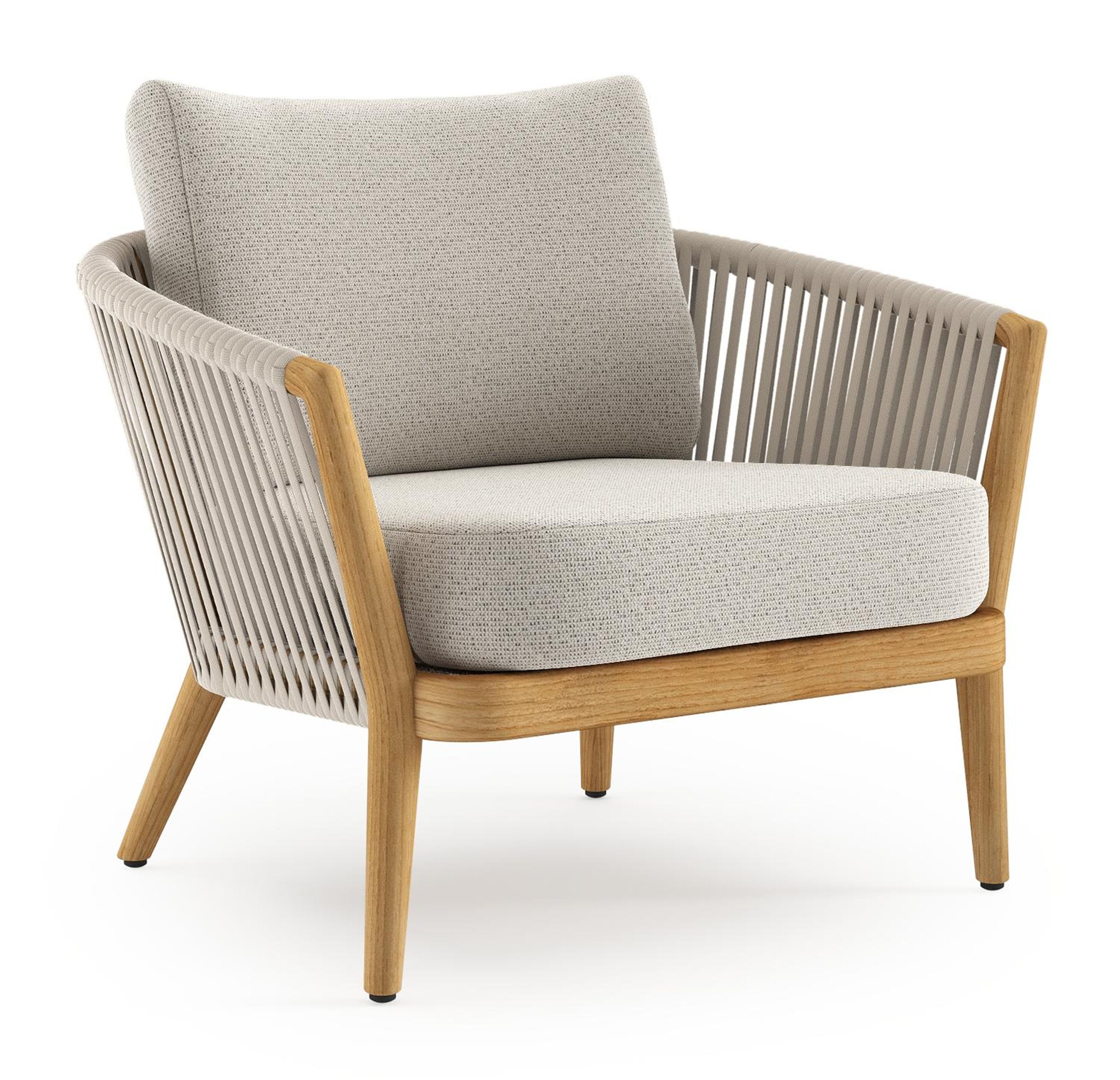 Orso loungestoel in teak en beige verticaal geweven luxe vlakke rope met Firenze Natural all weather solica kussen