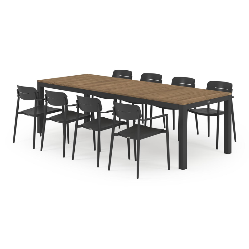 Varese tuinset in zwart aluminium en colour finish teak tafelblad met 8 stapelbare Cosa tuinstoelen