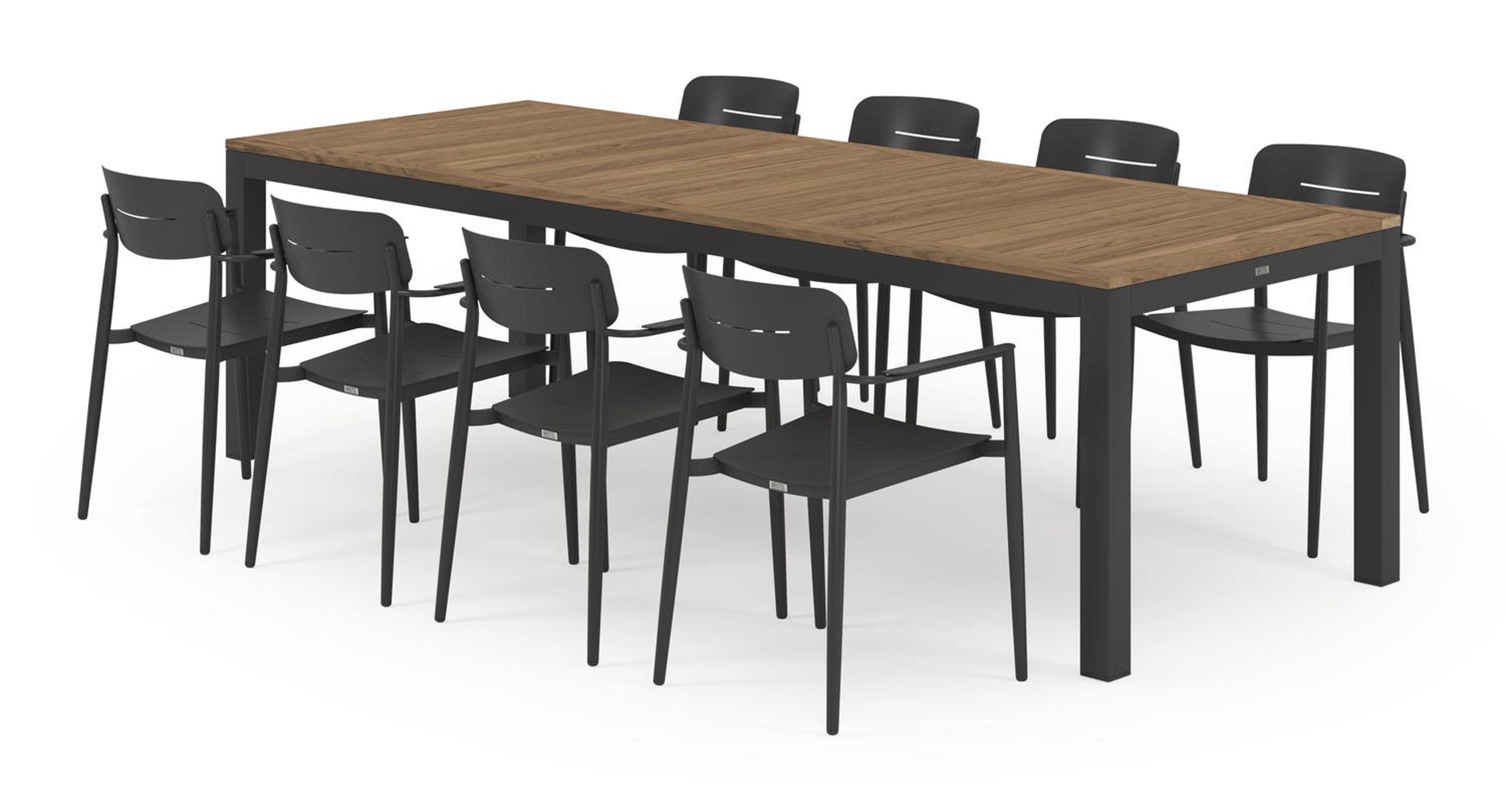 Varese tuinset in zwart aluminium en colour finish teak tafelblad met 8 stapelbare Cosa tuinstoelen