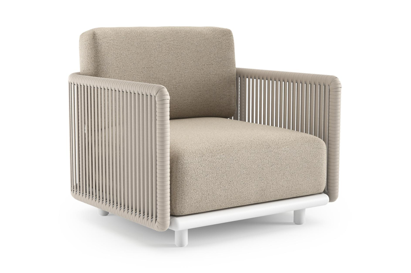 Organo loungestoel in wit aluminium en beige verticaal geweven luxe vlakke rope met marbella beige all weather Cosytica kussen