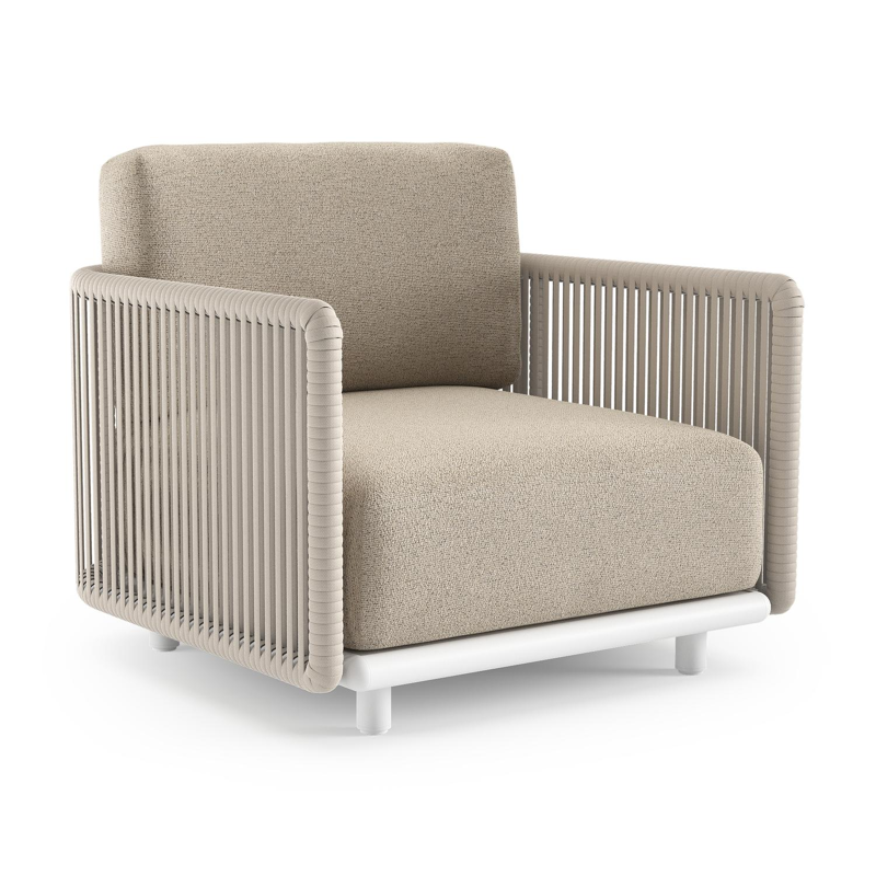 Organo loungestoel in wit aluminium en beige verticaal geweven luxe vlakke rope met marbella beige all weather Cosytica kussen