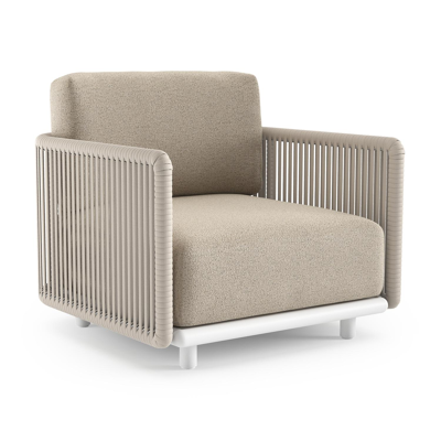 Organo loungestoel in wit aluminium en beige verticaal geweven luxe vlakke rope met marbella beige all weather Cosytica kussen