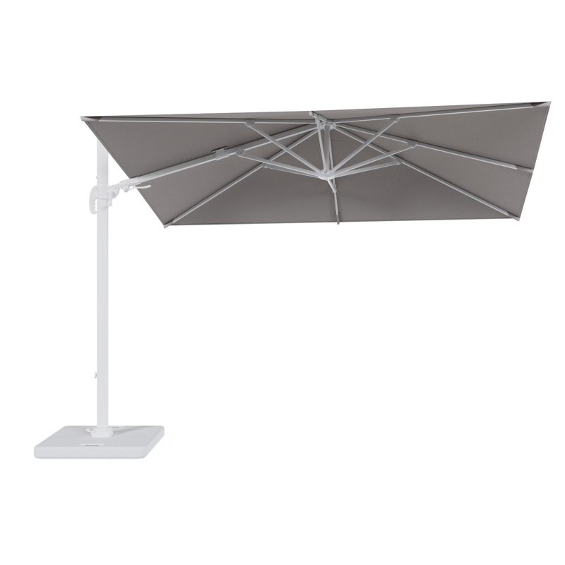 Avola zweefparasol met tiltfunctie in wit aluminium en Natte Graumel Chalk Sunbrella® Premium parasoldoek - L1 200 x L2 300 cm met parasolvoet Pedito 120 kg