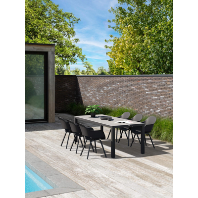 Varese tuinset in zwart aluminium en grijs volkeramiek tafelblad met 6 Artena tuinstoelen
