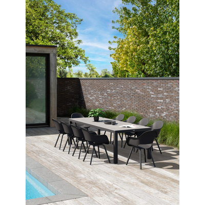 Ensemble de jardin Varese en aluminium noir avec plateau de table en céramique pleine gris et 10 chaises de jardin Artena