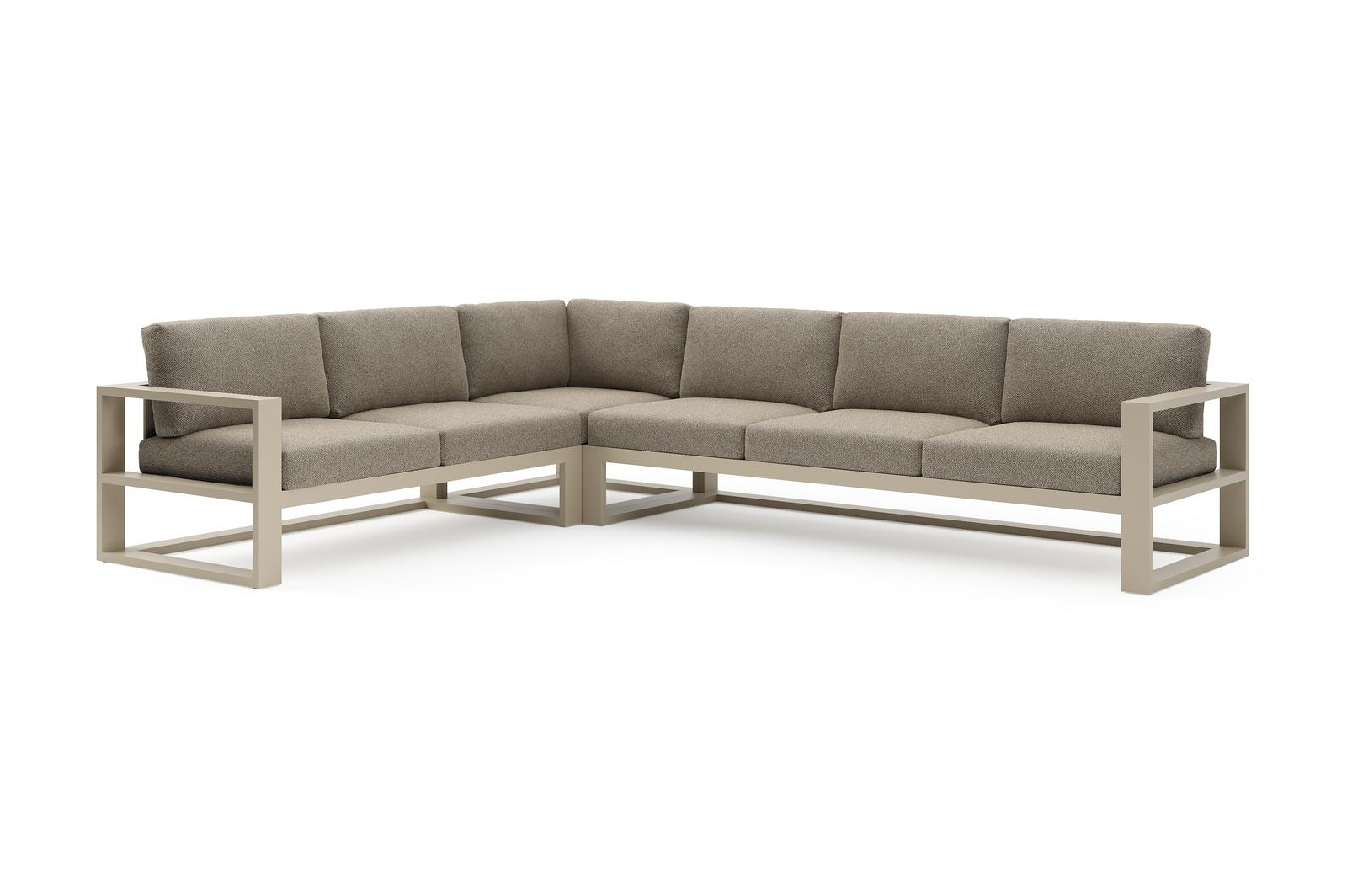 Verato loungehoek in beige aluminium met madagascar burch all weather cosytica kussen
