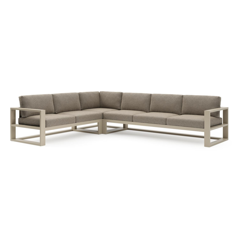 Verato loungehoek in beige aluminium met madagascar burch all weather cosytica kussen