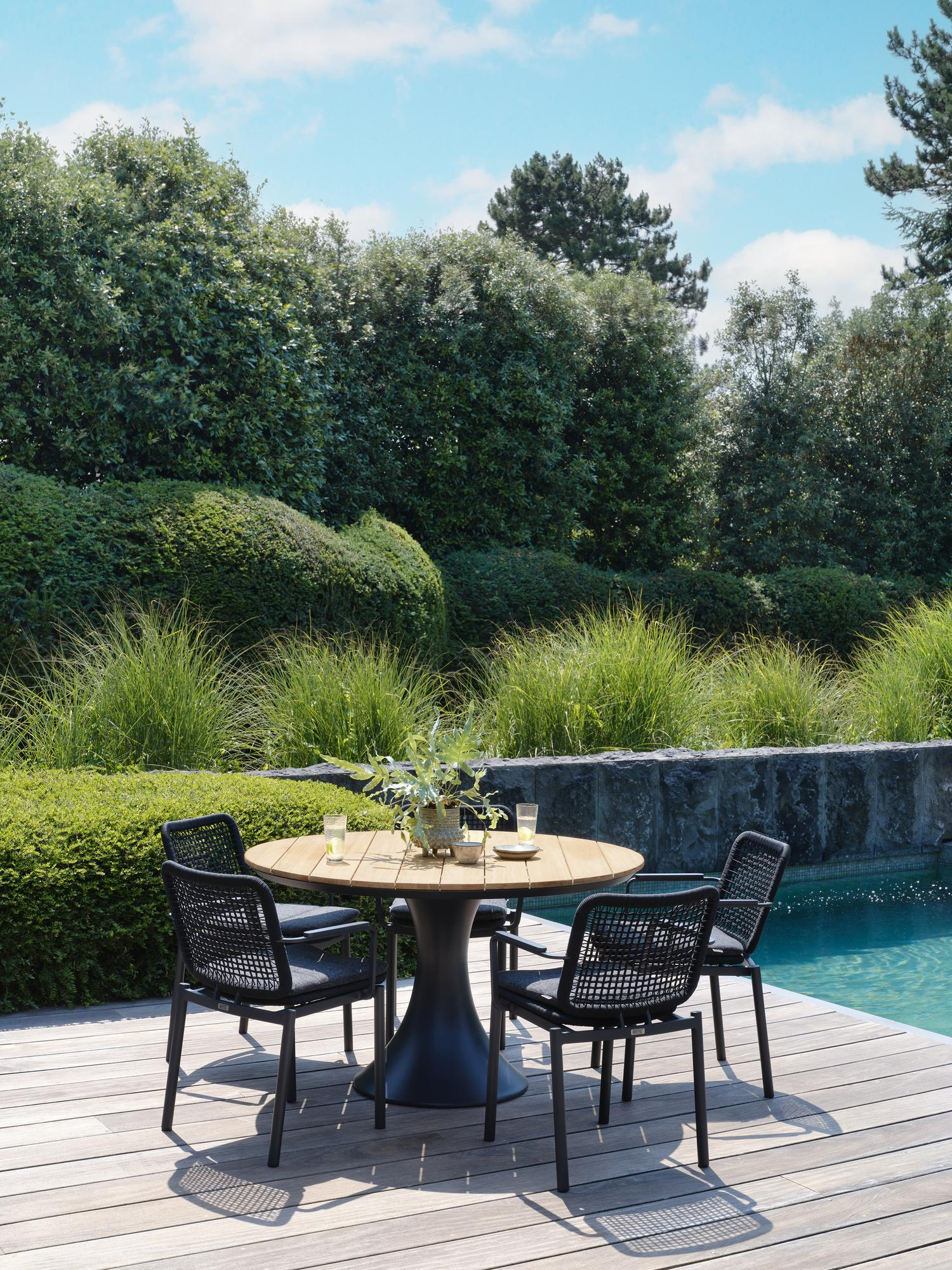 Fano tuintafel in zwart aluminium en teak - Dia. 130 x H 75 cm