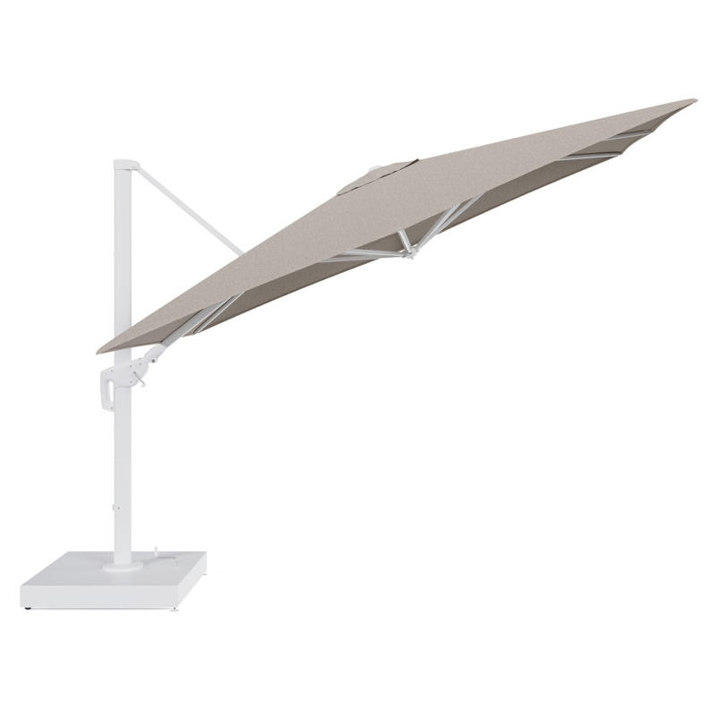 Parasol pendant Minore tilt en aluminium blanc et toile All Weather Sunbrella® Luxe Chartres Pewter - Lg.1: 280 x Lg.2: 370 cm avec pied de parasol Minore 260 kg avec roulettes