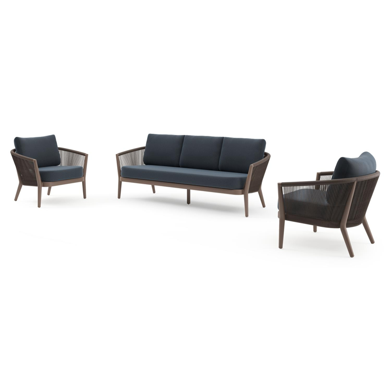 Orso loungeset in taupe aluminiumen zwart verticaal geweven ronde rope met Heritage Indigo All Weather Sunbrella® luxe kussen