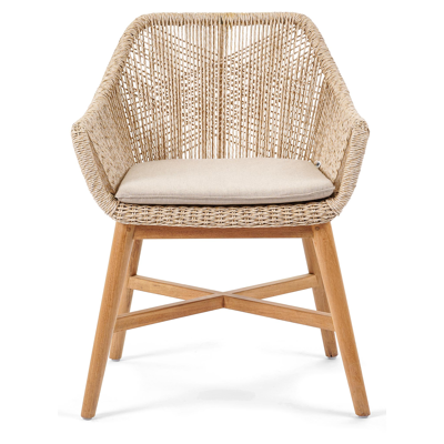 Borgo tuinstoel in teak en naturel wicker met kussen in natte heather beige all weather sunbrella® luxe