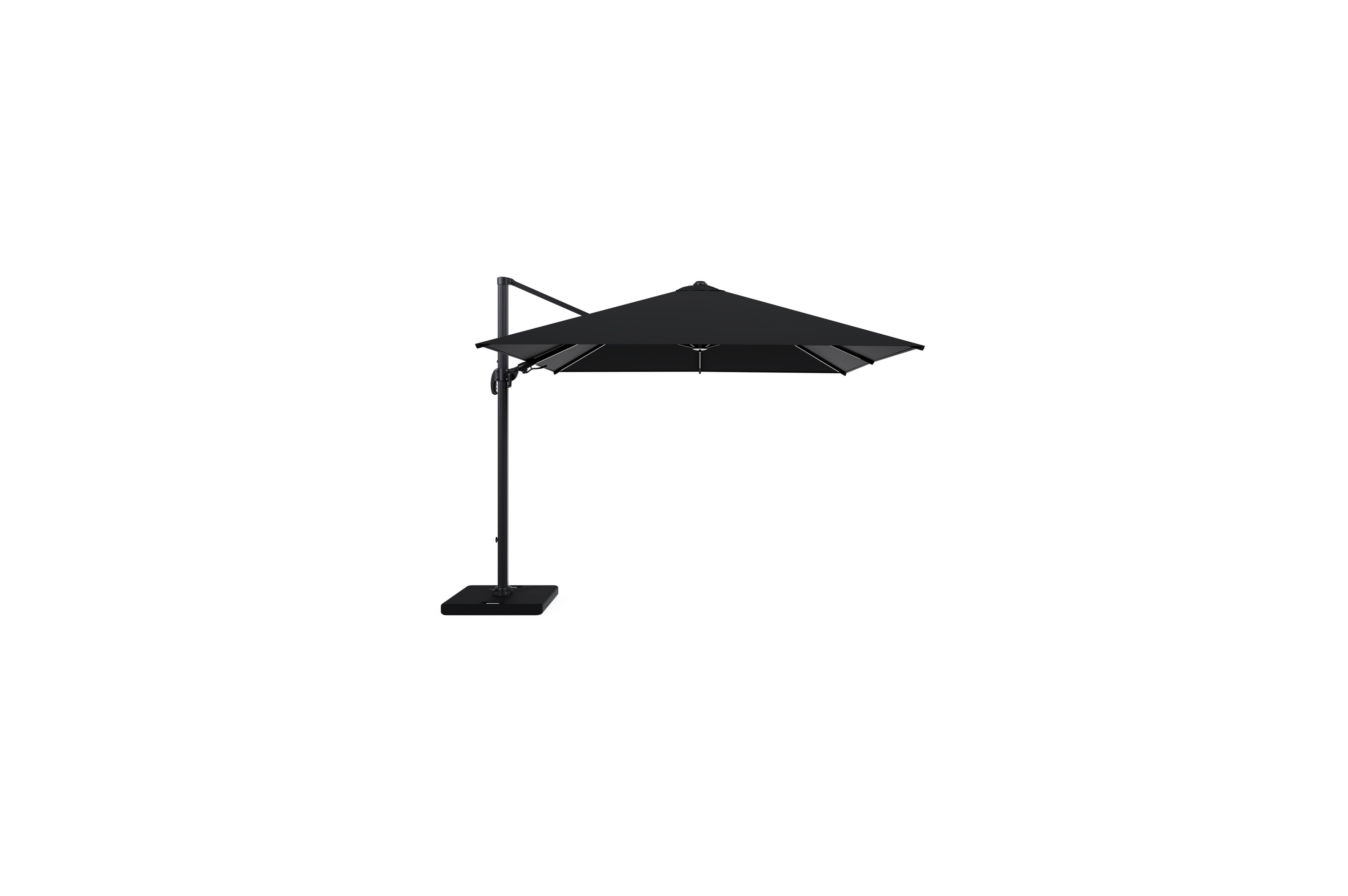 Avola zweefparasol met tiltfunctie in zwart aluminium met zwart all weather sunbrella® premium parasoldoek - L1: 300 x L2: 300 cm met parasolvoet Pedito 120 kg