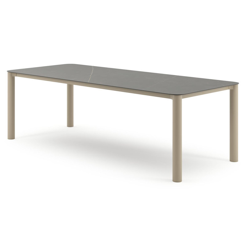 Table de jardin Orso rectangulaire arrondi en aluminium beige et céramique pleine Calatorao - Lg. 240 x Lrg. 100 x Haut. 74.5 cm