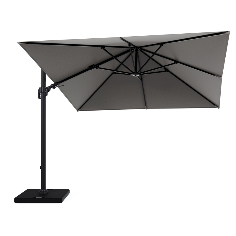 Avola zweefparasol met tiltfunctie in zwart aluminium en Weather+ Softtouch grijs L1 300 x L2 300 cm met parasolvoet Pedito 120 kg