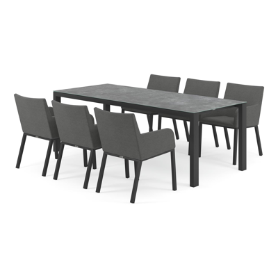 Trente tuinset in zwart aluminium en grijs keramisch glas tafelblad met 6 Rivo tuinstoelen