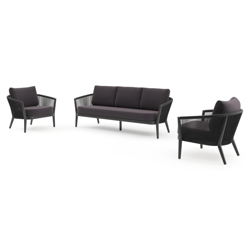 Orso loungeset in zwart aluminium en zwart verticaal geweven ronde rope met Tundra Red all weather sunbrella® luxe kussen