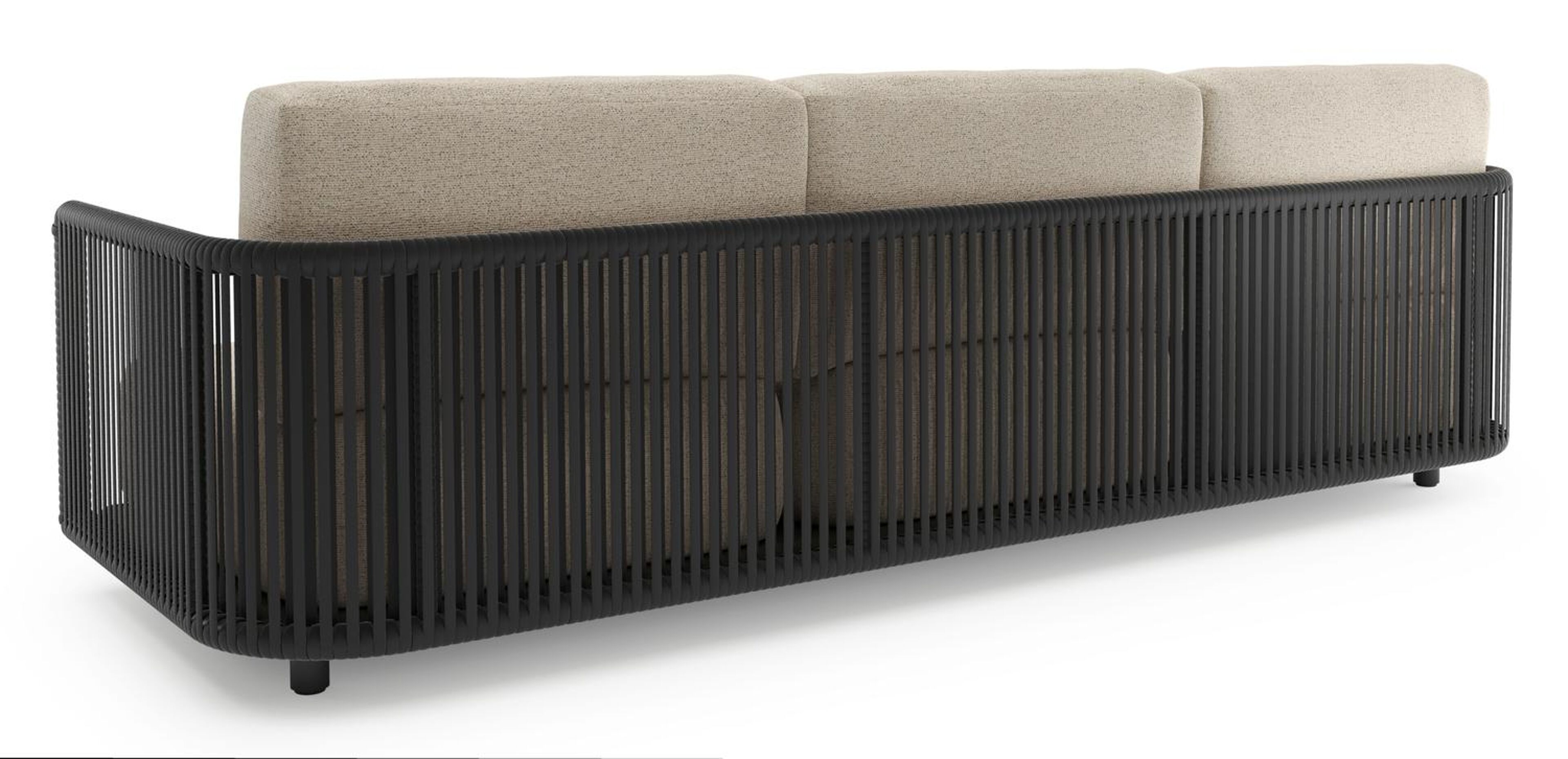 Organo loungeset in zwart aluminium en zwart verticaal geweven luxe vlakke rope met marbella beige All Weather Cosytica kussens