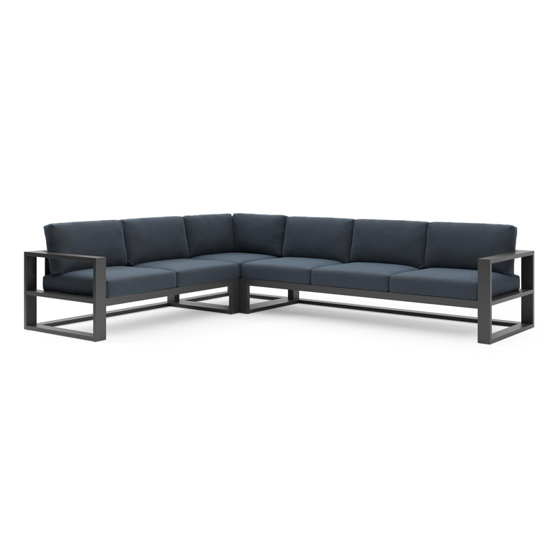 Verato loungehoek in zwart aluminium met heritage indigo all weather sunbrella® luxe kussen
