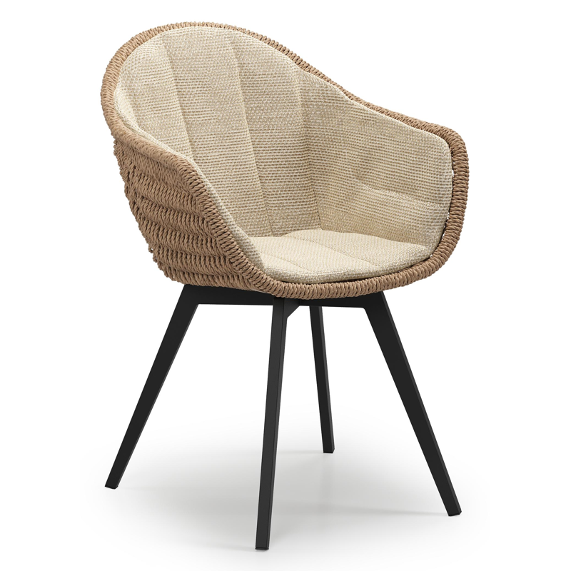 Pagino tuinstoel in zwart aluminium en naturel ronde wicker met zitkussen in All Weather Cosytica Althea Camel