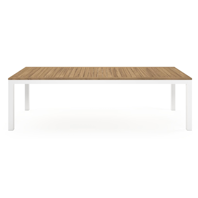 Varese tuinset in wit aluminium en teak naturel tafelblad met 8 stapelbare Calobra tuinstoelen