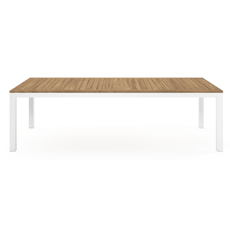 Varese tuinset in wit aluminium en naturel teak tafelblad met 10 stapelbare Madura tuinstoelen