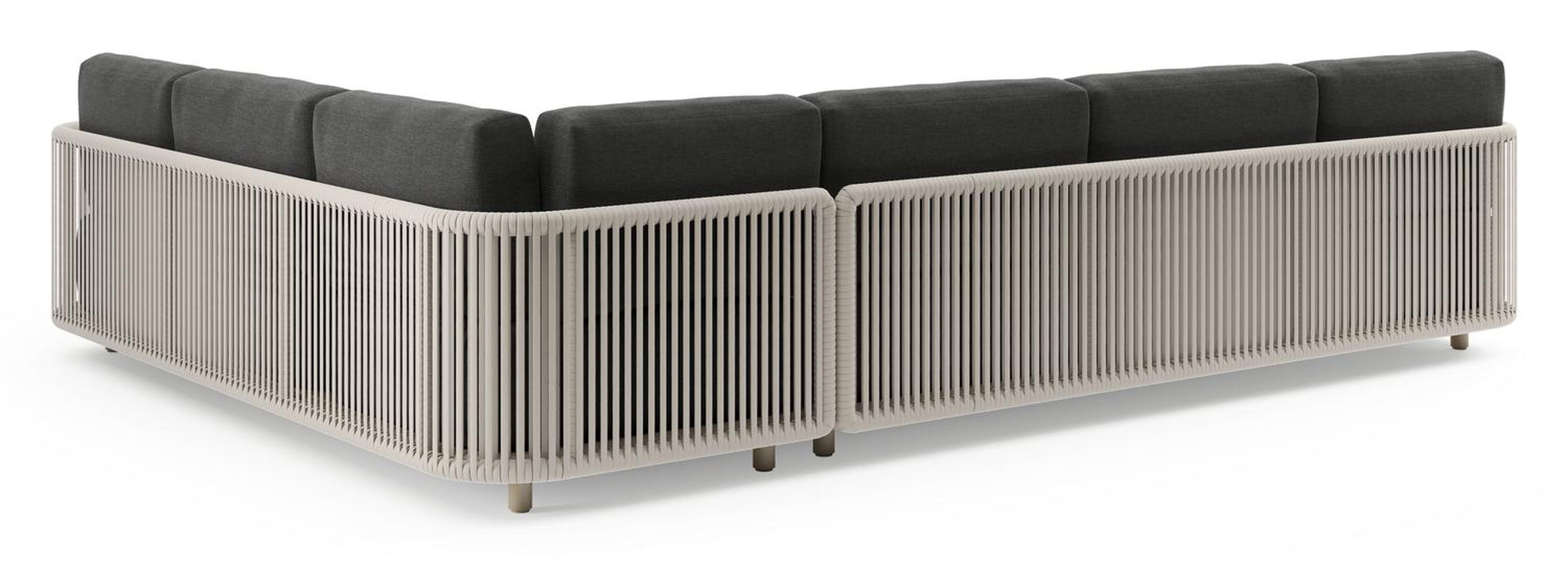 Organo loungehoek in beige aluminium en beige verticaal geweven luxe vlakke rope met chartres sooty all weather sunbrella® luxe kussens