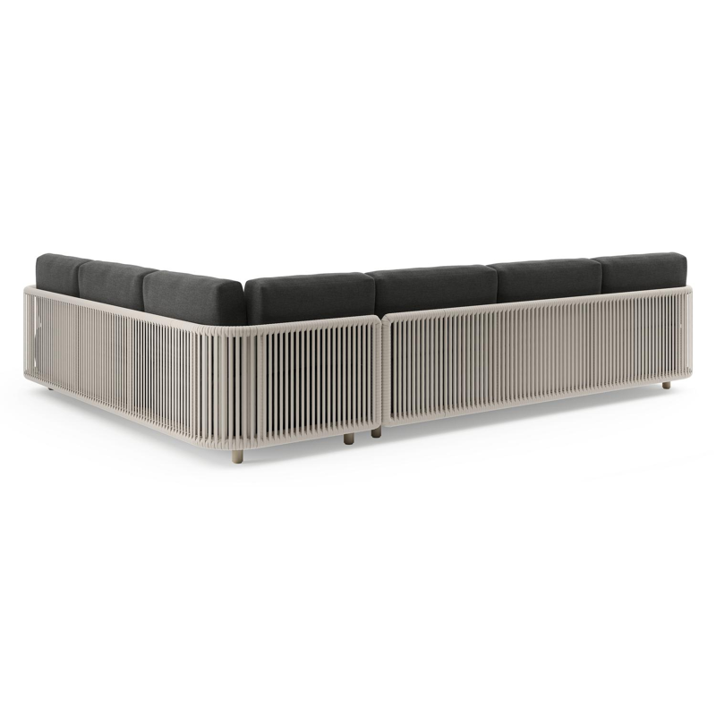 Organo loungehoek in beige aluminium en beige verticaal geweven luxe vlakke rope met chartres sooty all weather sunbrella® luxe kussens