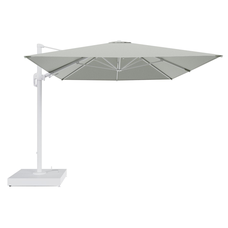 Rufina zweefparasol met tiltfunctie in wit aluminium en Slow Spirea All Weather Sunbrella® Luxe parasoldoek - L1 400 x L2 300 cm met parasolvoet Minore 260 kg met wielen