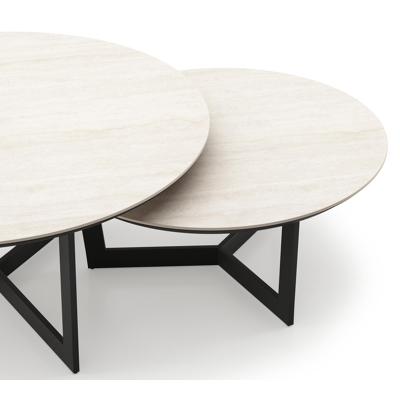 Ensemble de 2 tables d'appoint Lacrima ronde en noir aluminium et céramique pleine Travertino Bianco - Diam. 85 x Haut. 35 cm