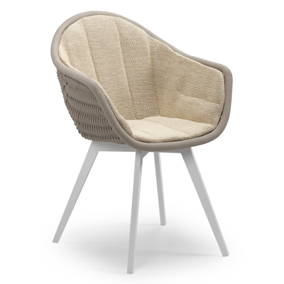 Pagino tuinstoel in wit aluminium en beige verticaal geweven ronde rope met zitkussen in All Weather Cosytica Althea Camel